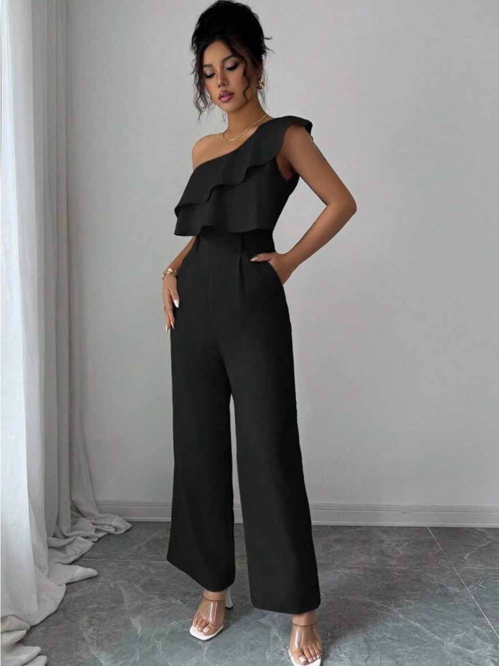 One-Shoulder Black Wide-Leg Jumpsuit